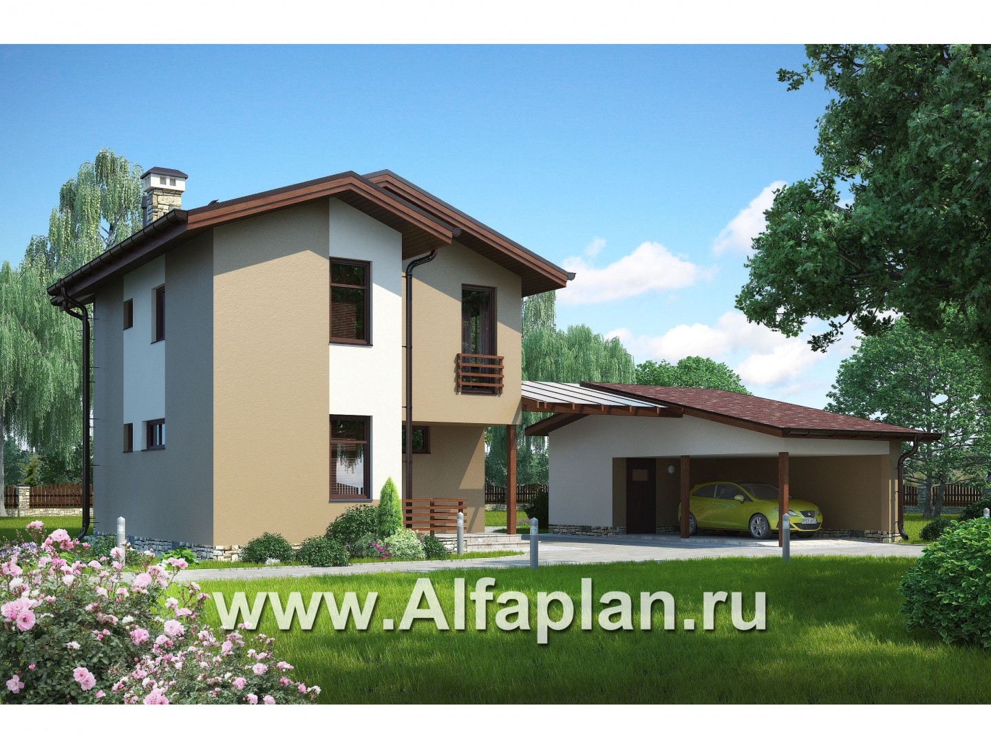 Проекты домов Альфаплан - Современный каркасный дом с навесом для машины - дополнительное изображение №1