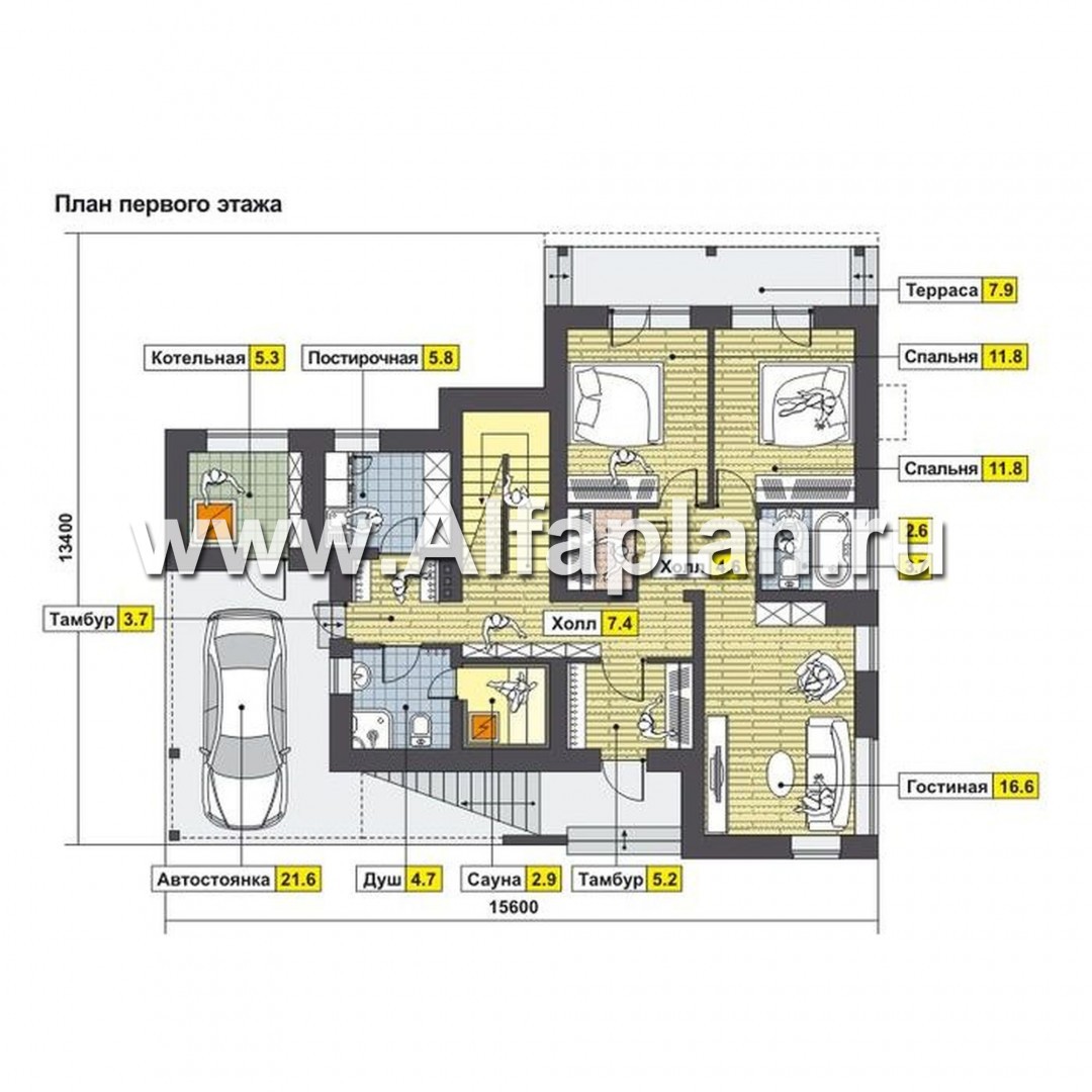Проекты домов Альфаплан - Коттедж с эффектными фасадами и планировкой - план проекта №1