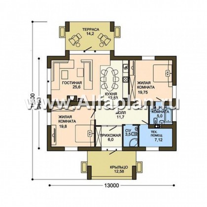 Проекты домов Альфаплан - Компактный одноэтажный дом для небольшой семьи - превью плана проекта №1