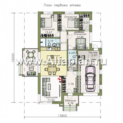 Проекты домов Альфаплан - «Пассия» - одноэтажный коттедж с гаражом и террасой - превью плана проекта №1