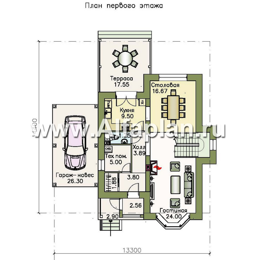 Проекты домов Альфаплан - «Примавера» - компактный дом с гаражом-навесом - план проекта №1