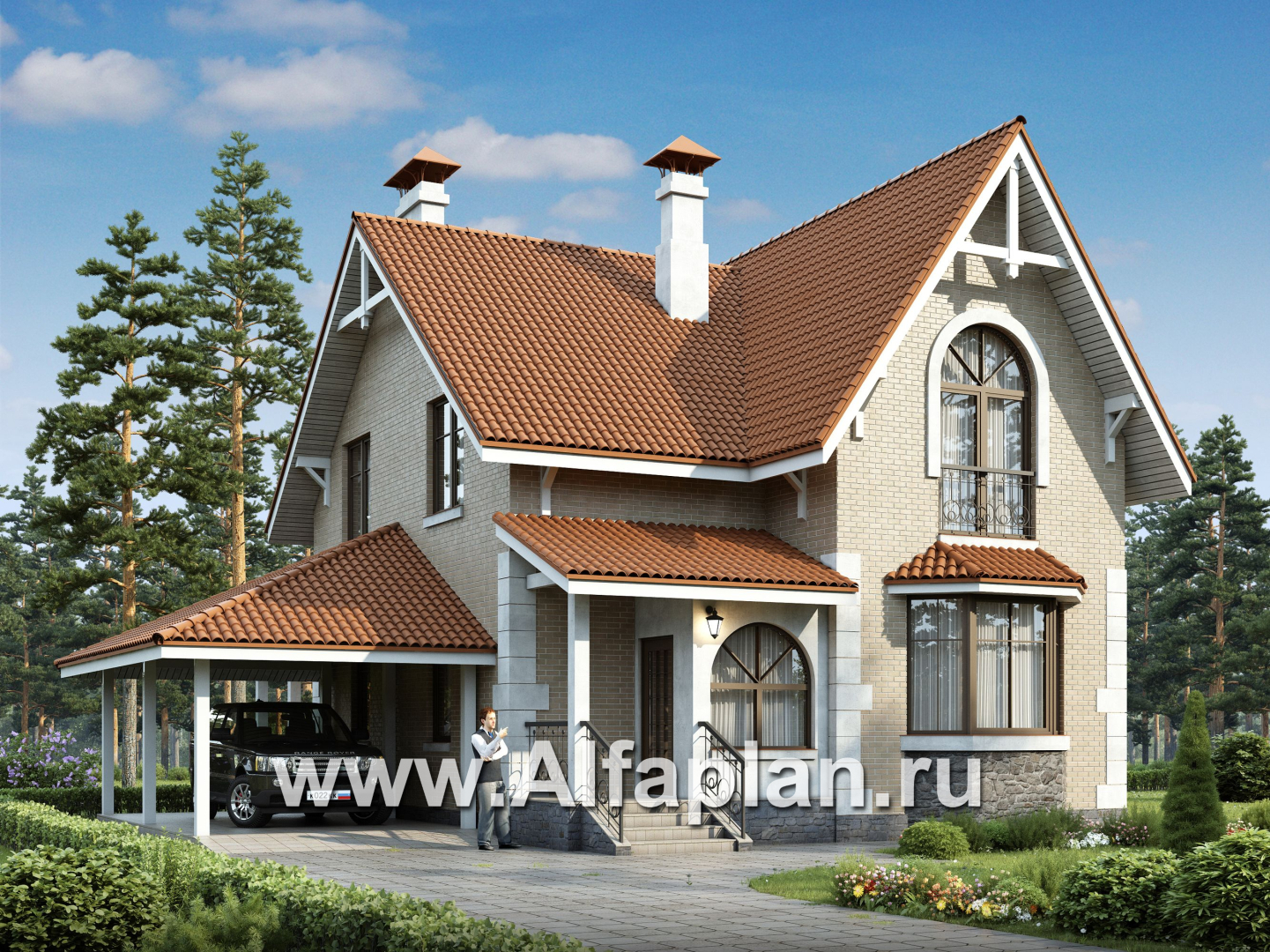 Проекты домов Альфаплан - «Примавера» - компактный дом с гаражом-навесом - основное изображение