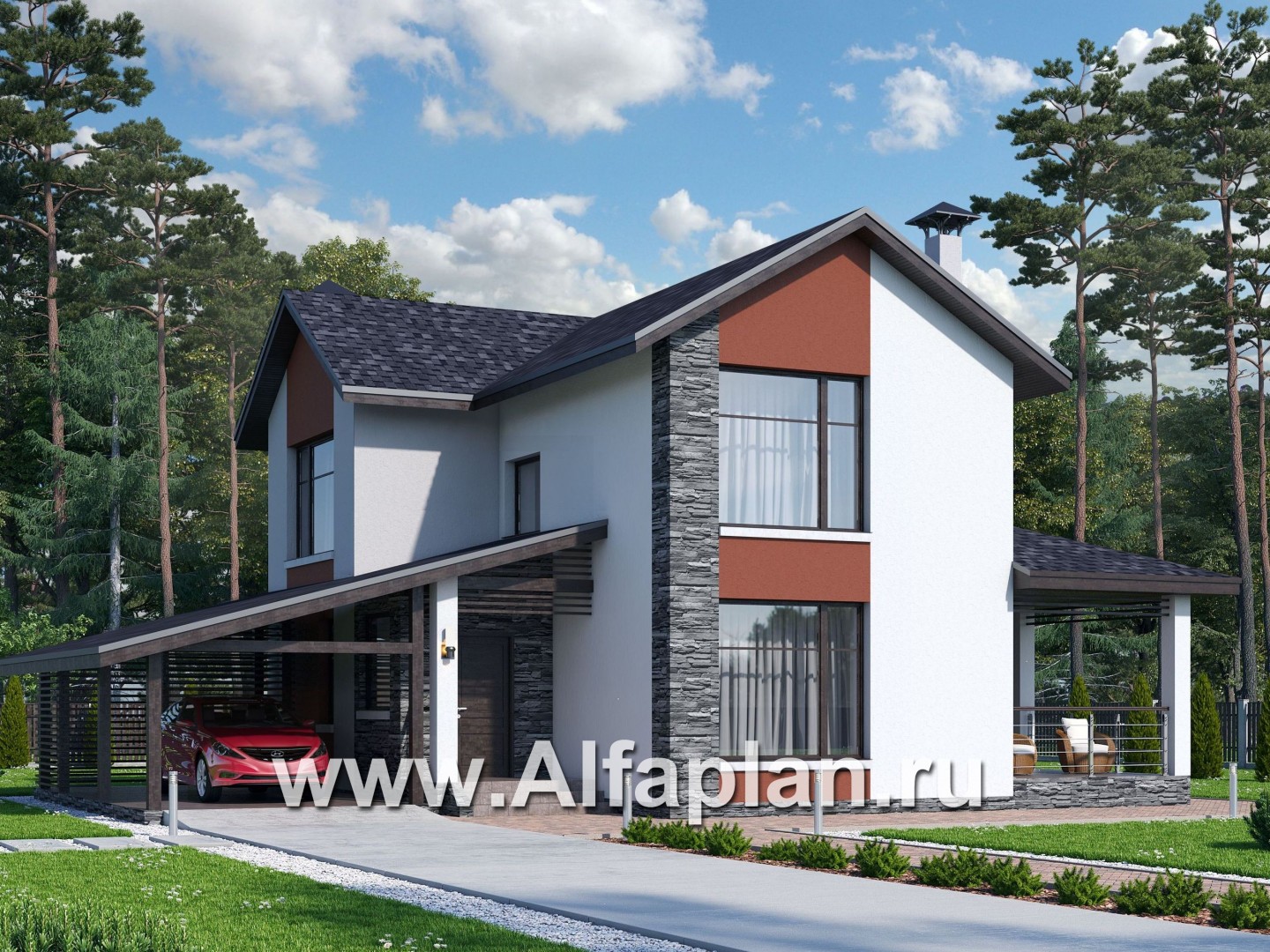 Проекты домов Альфаплан - Стильный компактный дом с гаражом-навесом - основное изображение