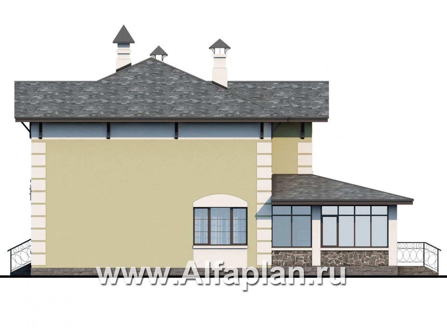 Проекты домов Альфаплан - «Рождествено» - коттедж с большой верандой и навесом для машины - изображение фасада №2