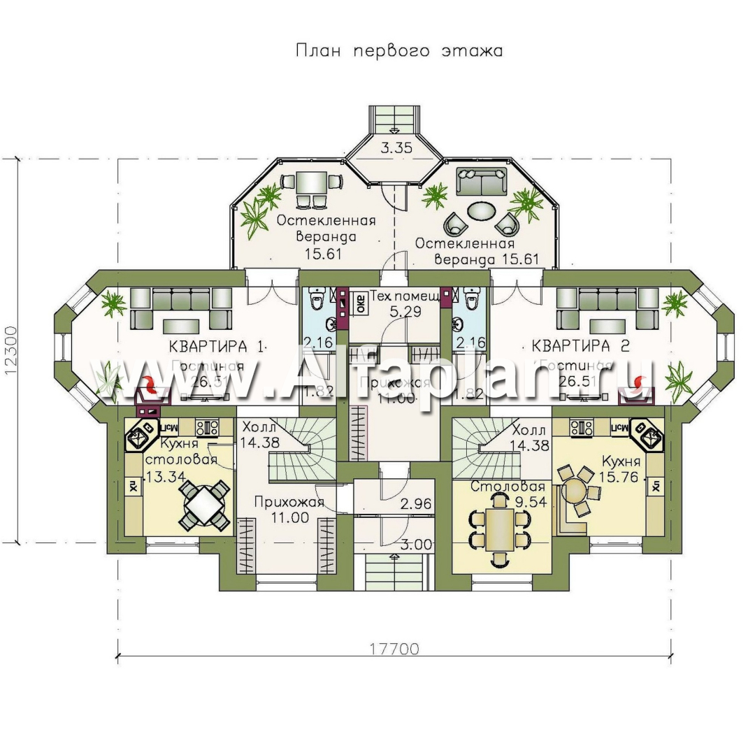Проекты домов Альфаплан - «Эйваро плюс»- двухквартирный коттедж для близких родственников - план проекта №1
