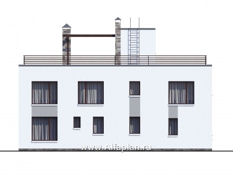 «Гоген» - проект двухэтажного дома, дуплекс из газобетона, с террасой, стиль баухаус с эксплуатируемой кровлей - превью фасада дома