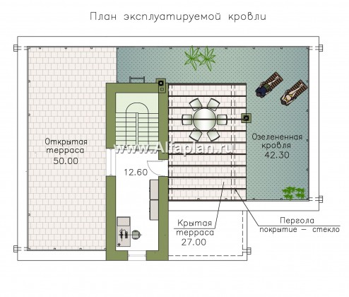 «Гоген» - проект двухэтажного дома, дуплекс из газобетона, с террасой, стиль баухаус с эксплуатируемой кровлей - превью план дома