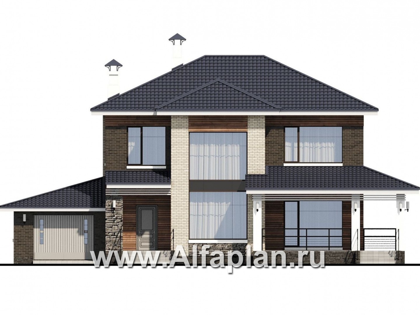 Проекты домов Альфаплан - «Светлая полоса» - современный двухэтажный коттедж с гаражом и верандой - изображение фасада №1