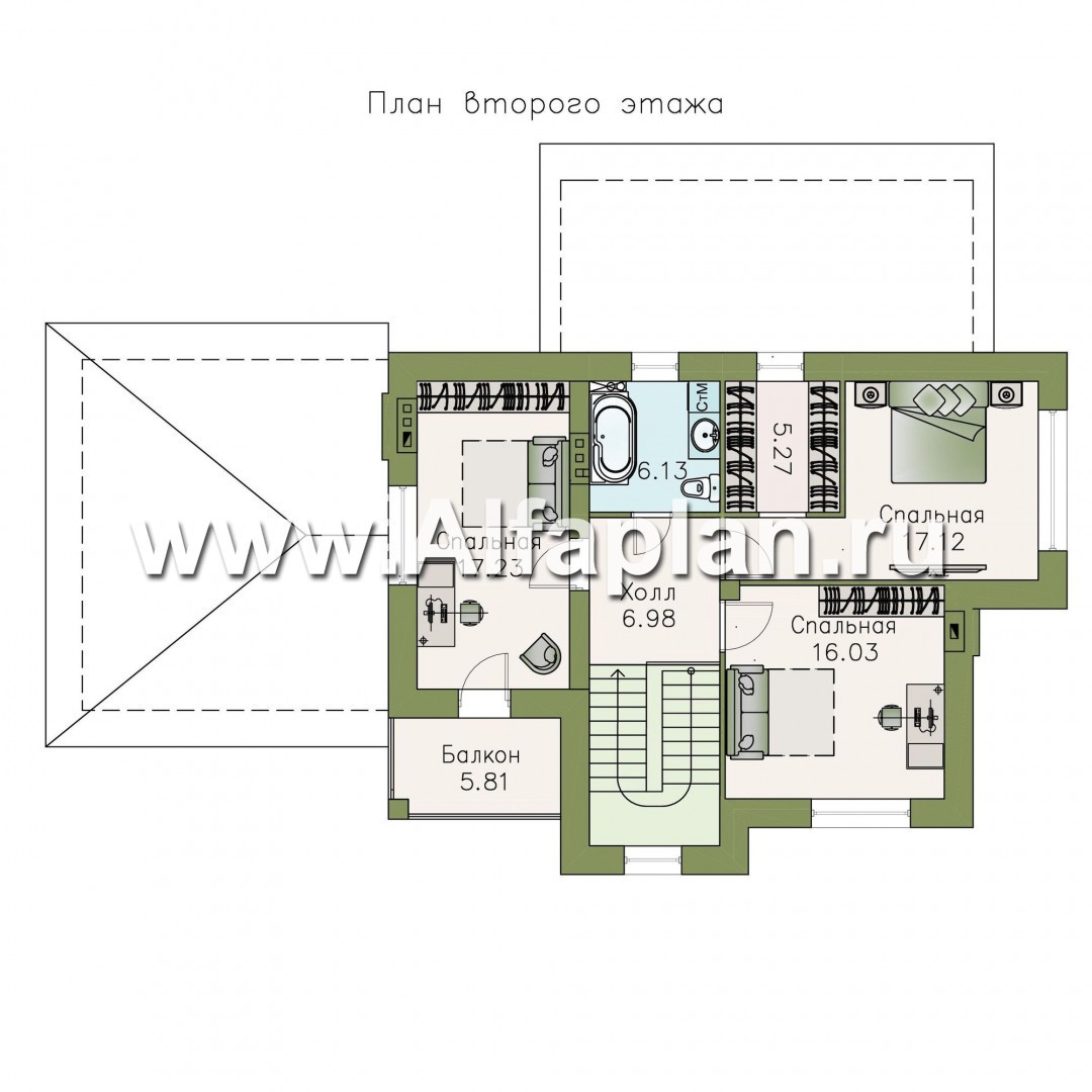 Проекты домов Альфаплан - «Топаз» - проект дома с открытой планировкой и гаражом - изображение плана проекта №2