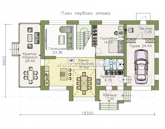 «Регата» - красивый проект дома с мансардой, планировка с мастер спальней, двусветная столовая, с гаражом - превью план дома
