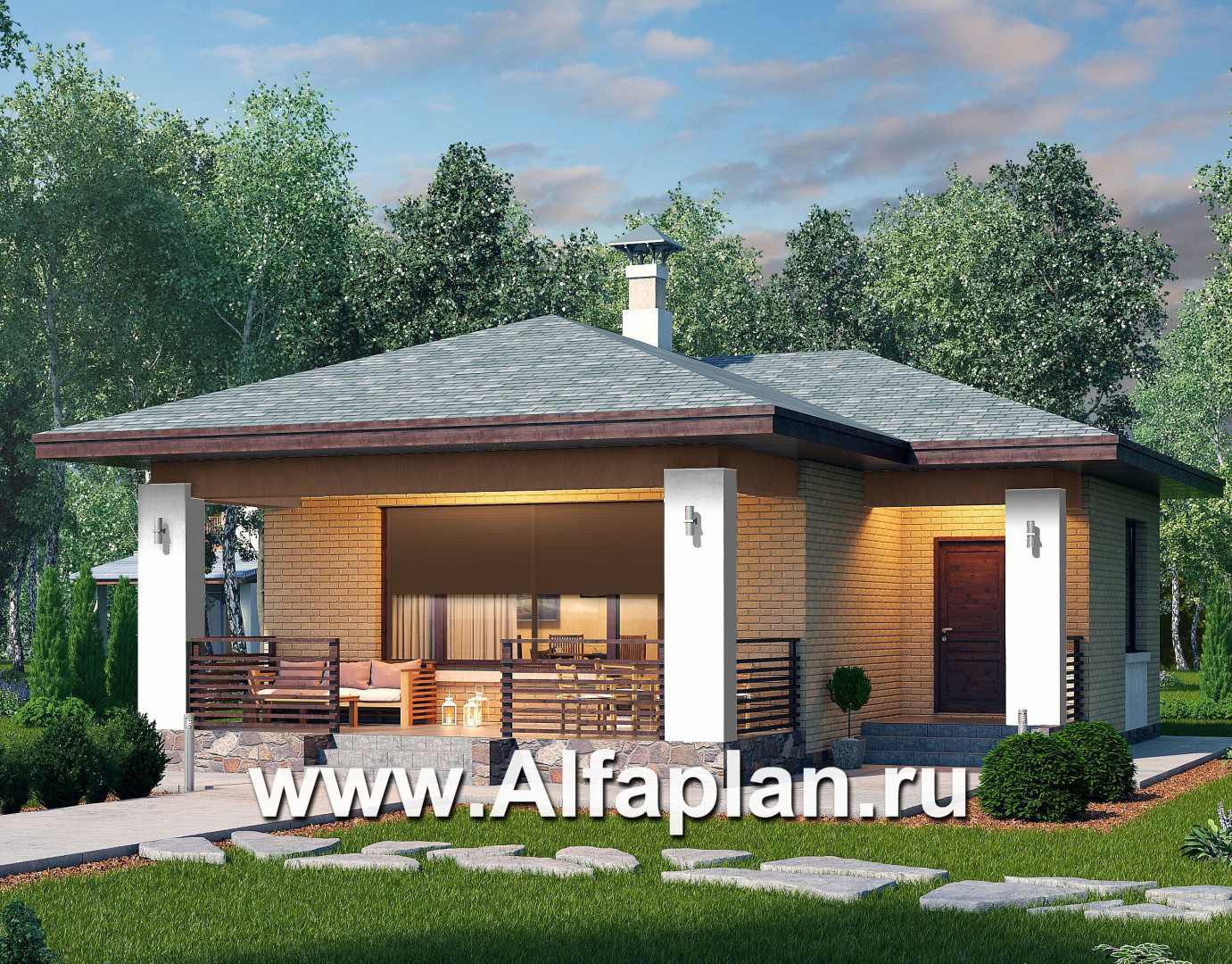 Проекты домов Альфаплан - «Виньон» - дачный дом с большой террасой - основное изображение