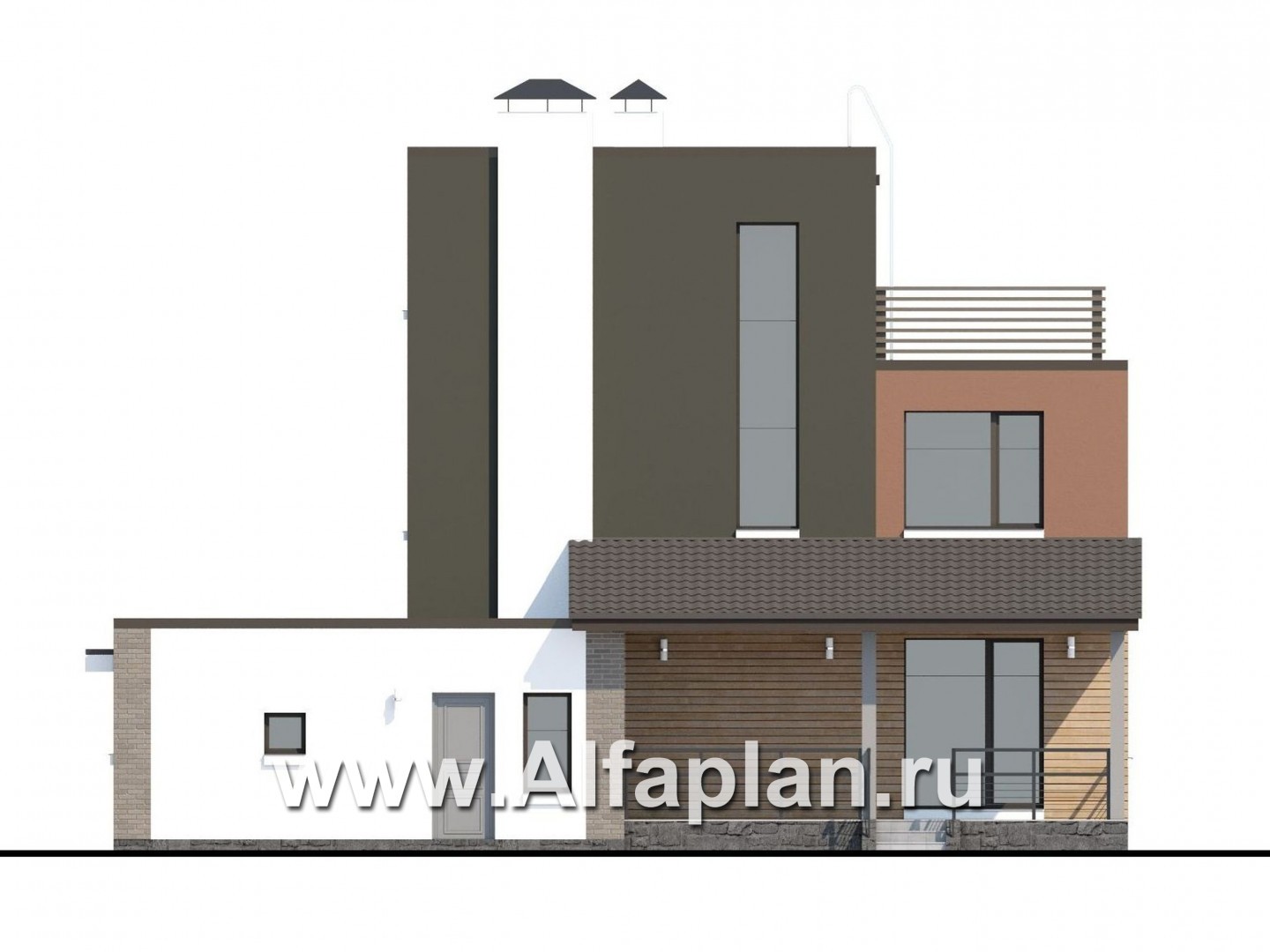 Проекты домов Альфаплан - «Рефлекс» - комфортабельный коттедж с эксплуатируемой кровлей - изображение фасада №4