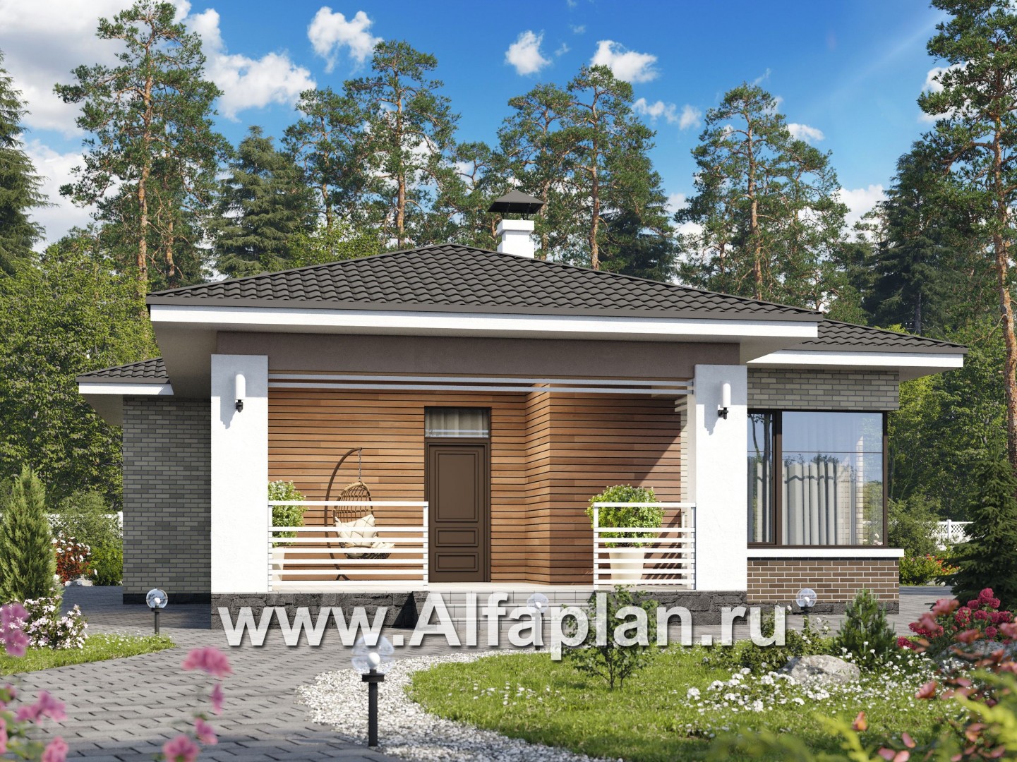 Проекты домов Альфаплан - «Гестия» - современный одноэтажный коттедж с террасой - основное изображение