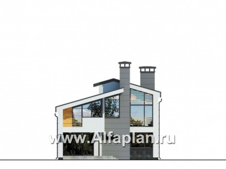 Проект современного дома с мансардой, из газобетона, планировка 5 спальных, с балконом и камином с трубой снаружи - превью фасада дома