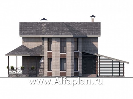 «Истра» - проект двухэтажного дома с эркером и с террасой в форме беседки, навес на 1 авто - превью фасада дома