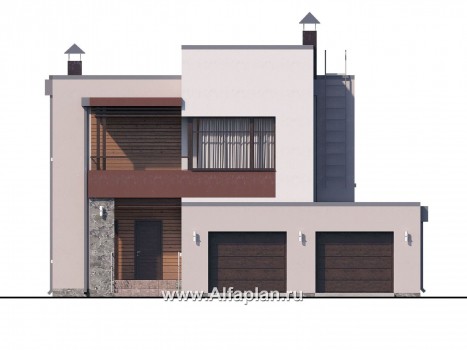 Проекты домов Альфаплан - «Эвр» - коттедж с плоской кровлей, с гаражом на два автомобиля - превью фасада №1